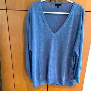 J Crew Blue V-Neck Lightweight Sweater with Button Detail